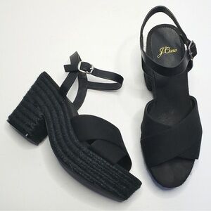 J. Crew Black Platform Raffia Espadrille Heel Leather‎ Ankle Strap Sandals Sz 9